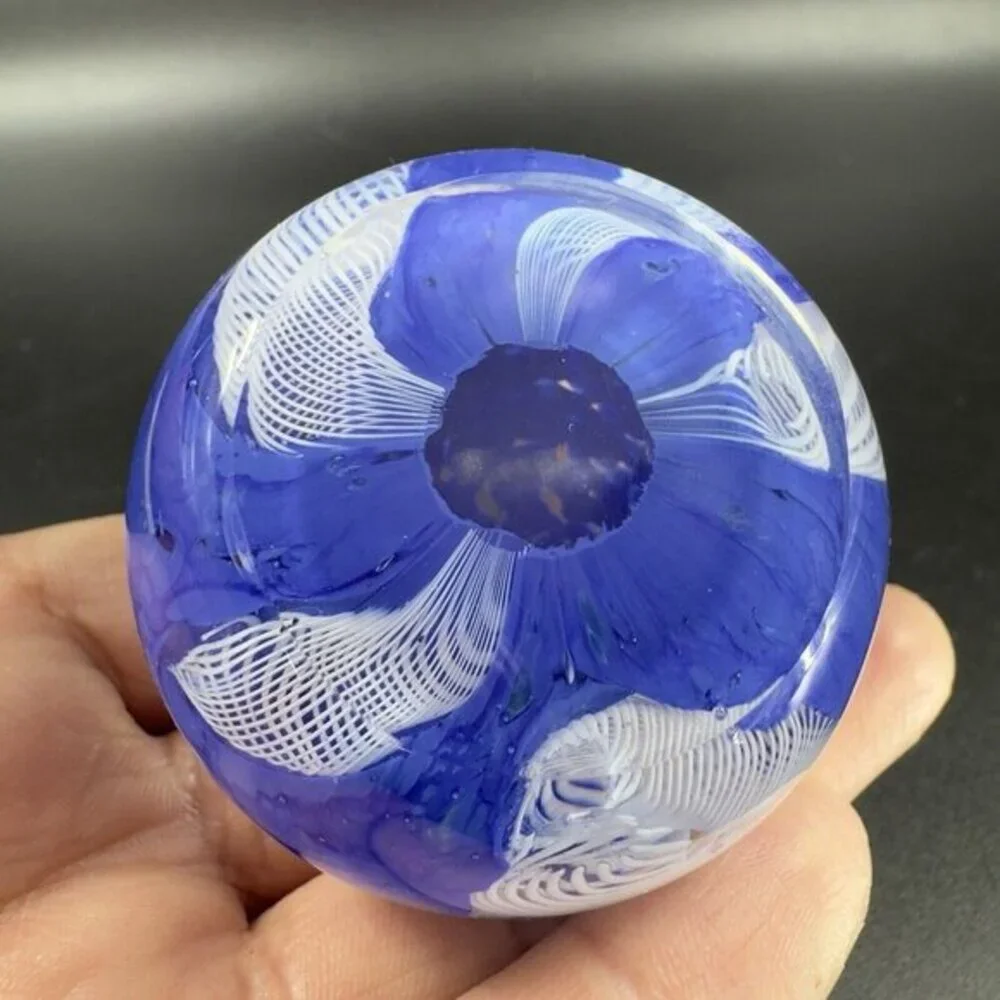 Murano Art Glass Paperweight Orb Cobalt Blue White Cane Venetian Italy Glass VTG